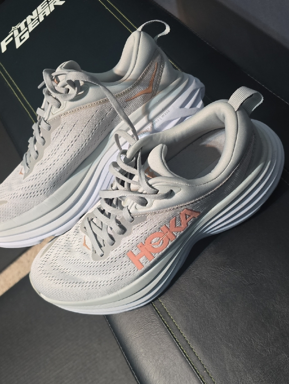 Hoka Bondi 8 Women’s Light Gray & Rose Gold Athletic Running Shoes